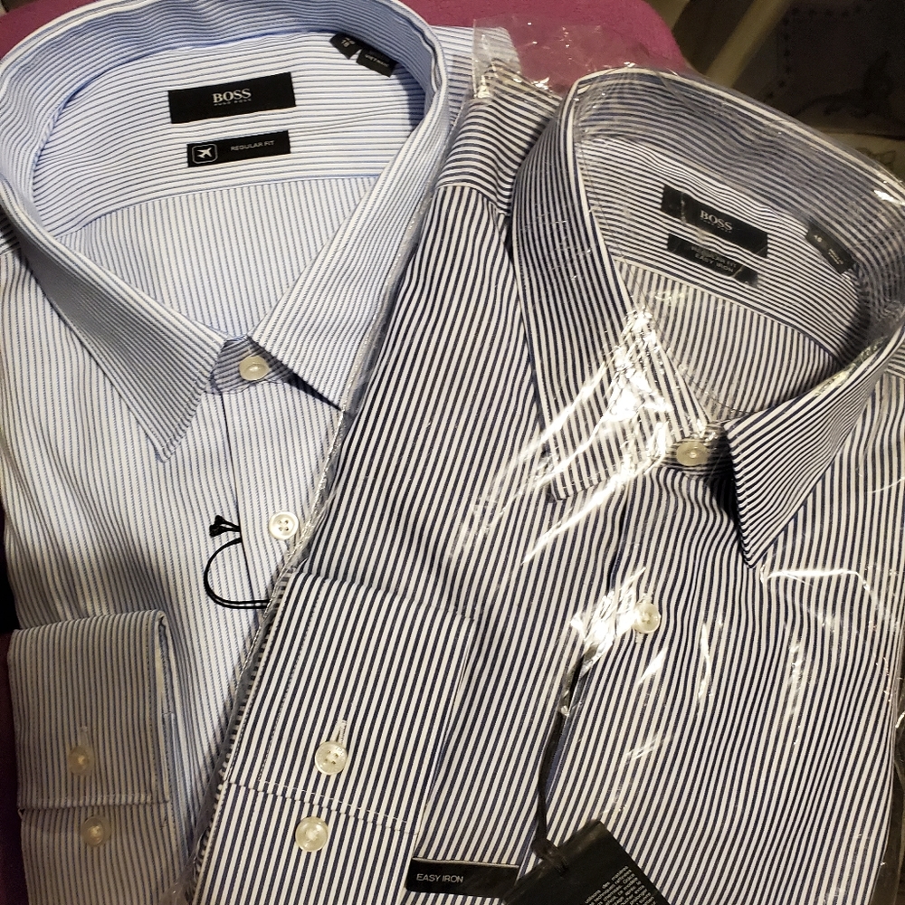 Hugo Boss Travel Line Reg Fit Shirt 46 (18) Dark Blue Stripe NWT